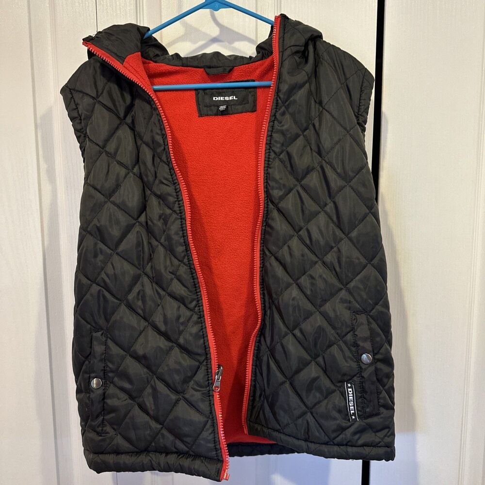 DIESEL Vest Boys xl 18/20 Black Hooded Quilted red fleece Lining Puffer